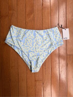 NWT Ayla Swim High Waisted Bikini Bottoms Pastel Blue Yellow Abstract Wavy Large